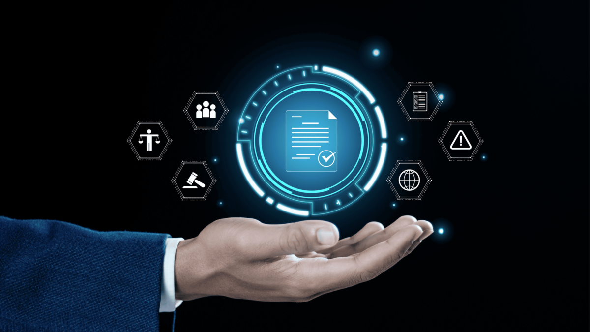 A businessperson’s hand presenting a digital interface with a document icon at the center, surrounded by legal and compliance-related icons including a gavel, checklist, warning sign, globe, and balance scale, symbolizing digital governance and regulatory compliance.