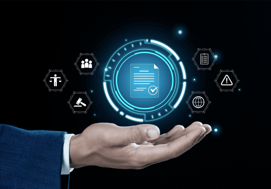 A businessperson’s hand presenting a digital interface with a document icon at the center, surrounded by legal and compliance-related icons including a gavel, checklist, warning sign, globe, and balance scale, symbolizing digital governance and regulatory compliance.
